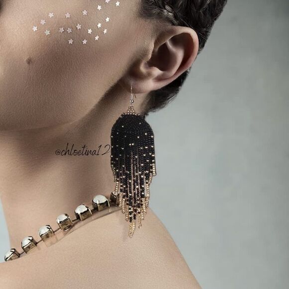 NEW Handmade Black/ Gold Long Tassel Earrings,  Statement Earrings - Picture 4 of 5